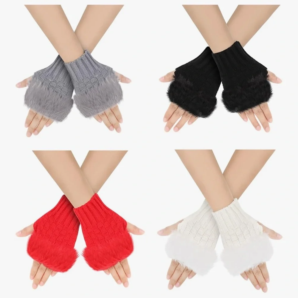 🆕 4 Pairs Knit Fingerless Winter Gloves Black Red White Grey Texting Gloves